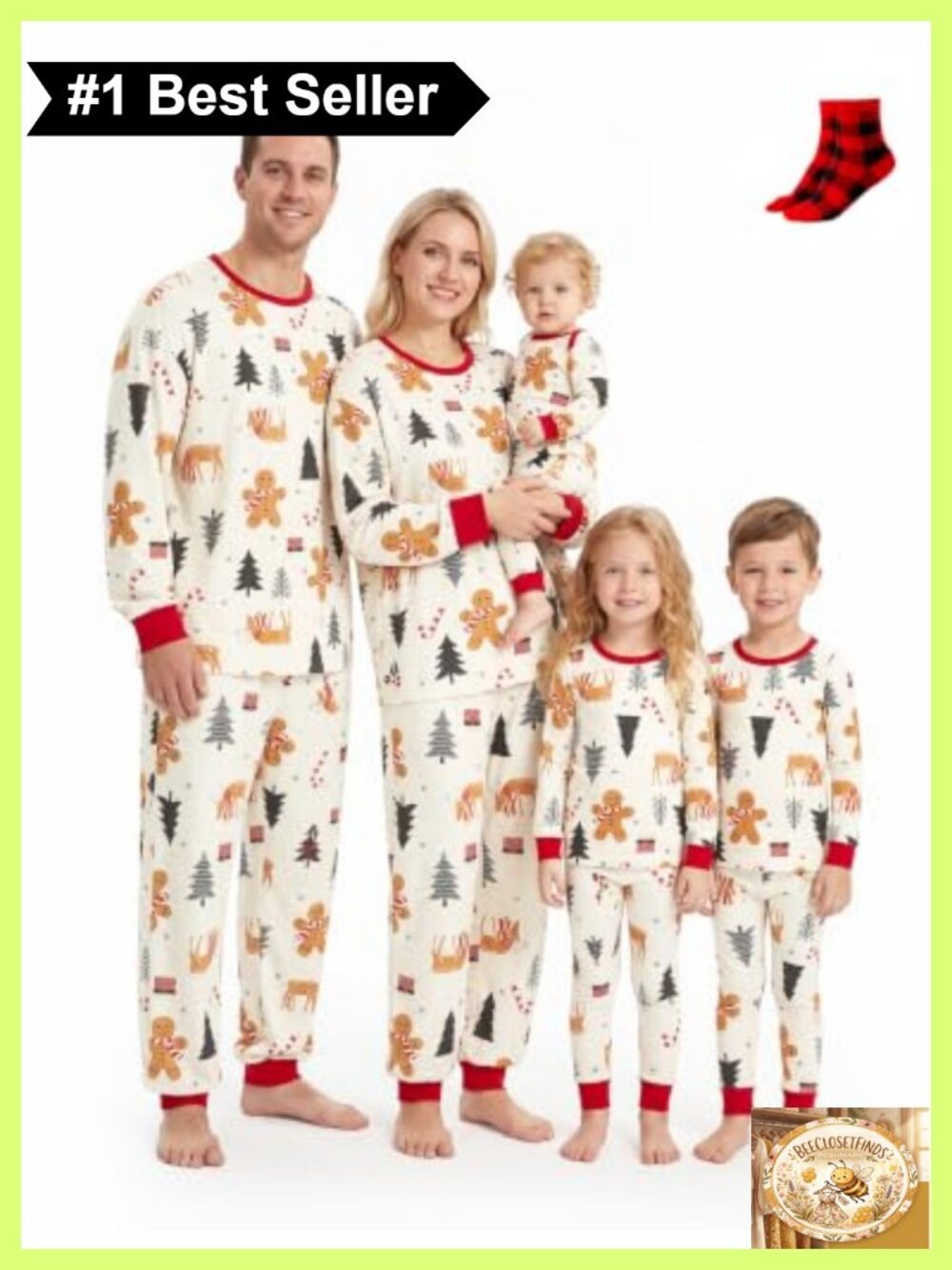 Cotton Blend Christmas Pajama Set with Socks, Long Sleeve Family Matching